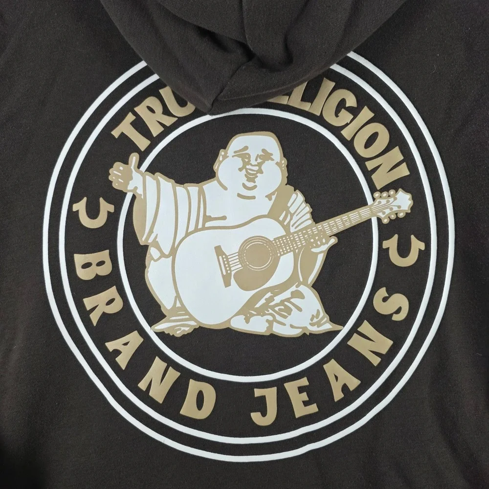 True Religion Mens Brown Sherpa Lined Full Zip Buddha Logo Hoodie Small